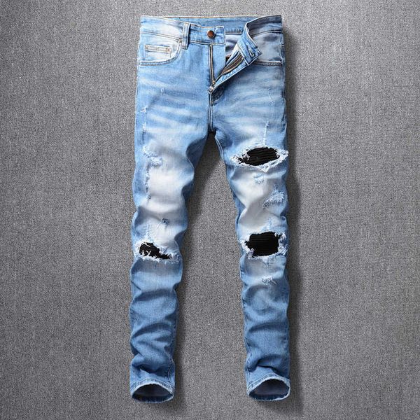 

men's jeans fashion streetwear retro blue destroyed designer elastic slim fit ripped patches hip hop denim punk pants l3ua