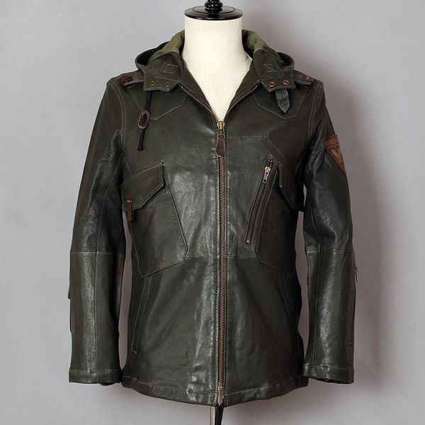 

men's leather & faux fashion avirex hooded genuine jacket men green sheepskin flight pilot windbreaker slim casual coat, Black