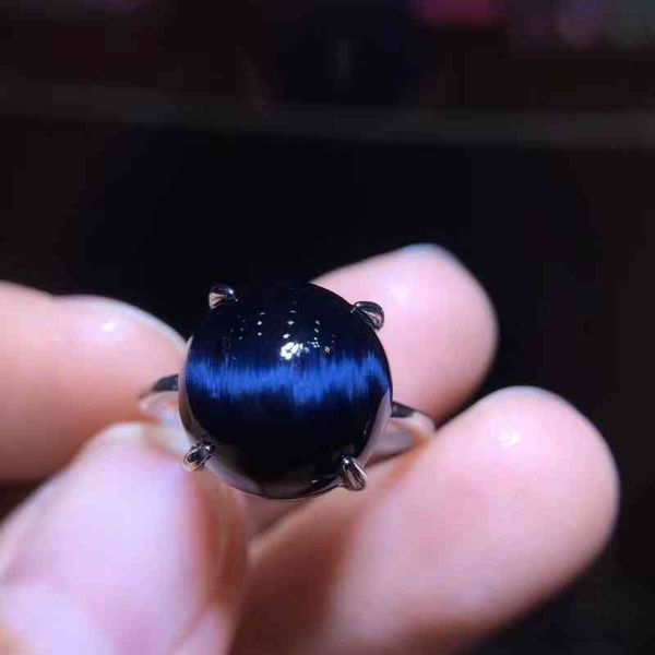 Blue Natural Pieternite Gemstone Cat Eye Catoyant Регулируемый размер круглый кольцо 12x11mm Namibia 925 серебристый кристалл женщины3F5S