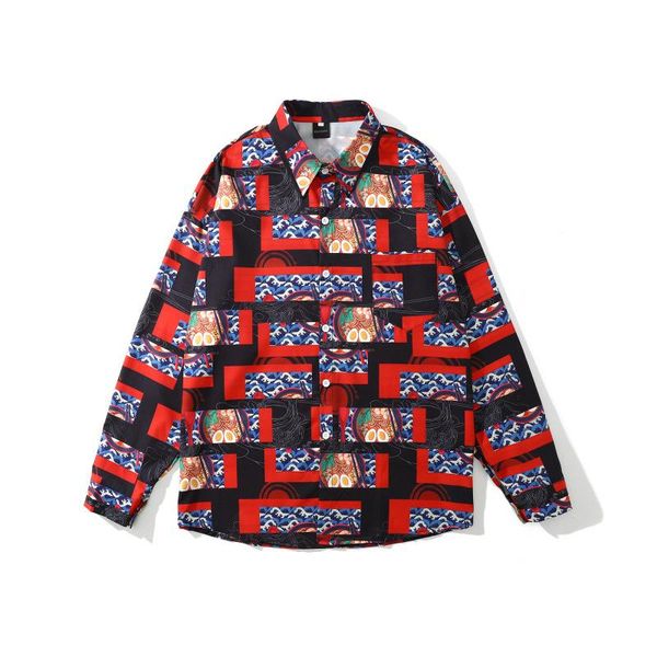 

men's casual shirts brand harajuku japanese ukiyo-e ramen print shirt streetwear hip hop loose long sleeve blouse fashion, White;black