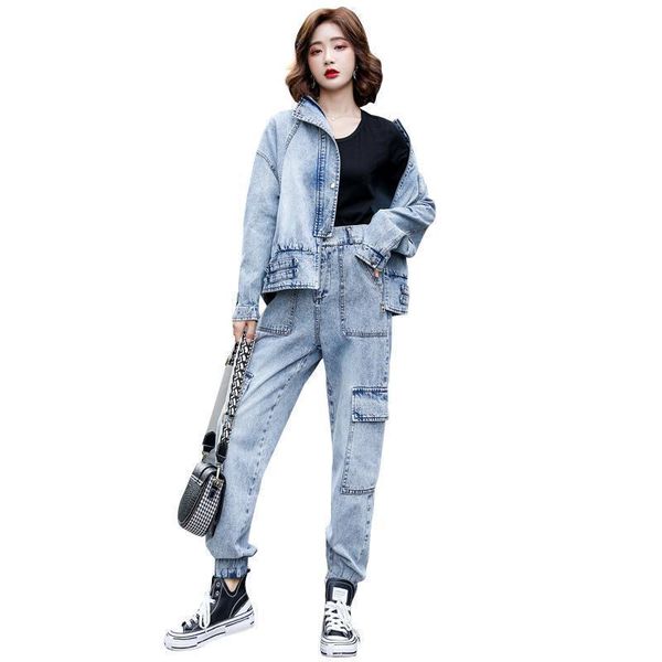 

women's tracksuits autumn winter women sets denim clothing two pieces jackets and pant moto&biker female suits fashion koren style spor, Gray