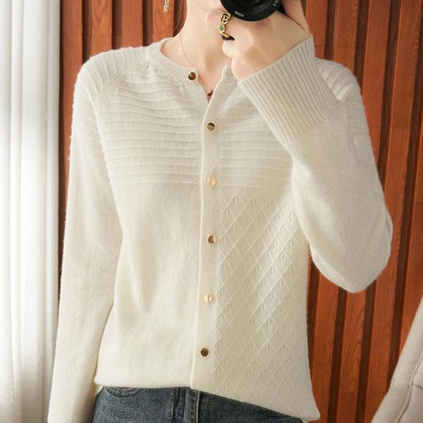 

women's knits & tees 4-color round neck knitted cardigan 100% pure wool sweater ladies full sleeves home style coat cashmere high-end f, White