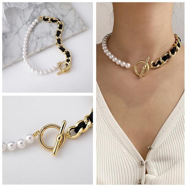 

chokers xiaoboacc korean fashion necklace for women 2021 pearl stitching ot buckle chocker neck chain, Golden;silver