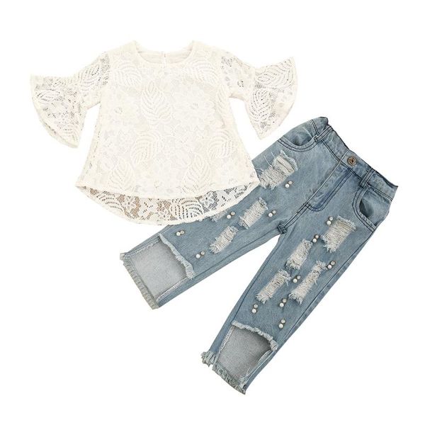 

clothing sets 1-5y summer fashion kids girls clothes lace floral flare sleeve t shirts pearl hole denim pants, White