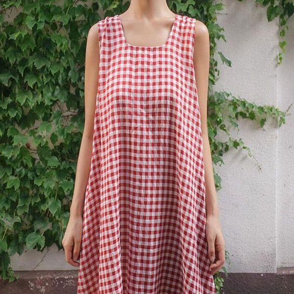 

women plus size summer sleeveless classical check plaid cotton linen baggy sundress shirt maxi dress s-5xl 28gb casual dresses, Black;gray