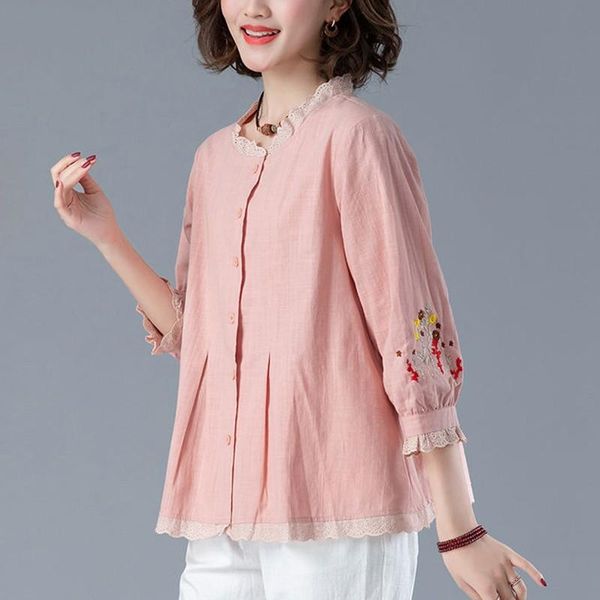 

women's blouses & shirts oversized cotton linen shirt women summer loose casual 2021 korean vintage floral embroidery woman p1260, White
