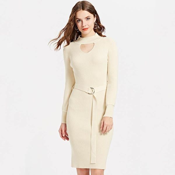 

casual dresses normov 2021 women's autumn winter o-neck solid long sleeve knitted dress slim elastic hollow out with belt female, Black;gray