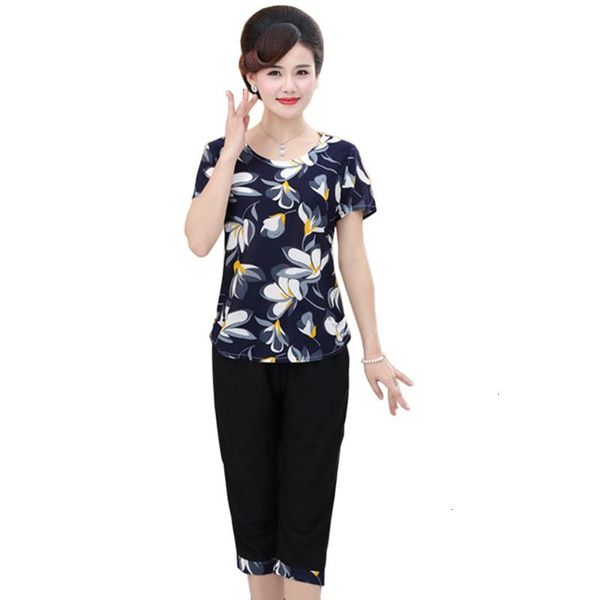 

two piece dress double set summer o -neck fashion short sleeve print t -shirt pak unconditional loose calf -length pants clothing, White