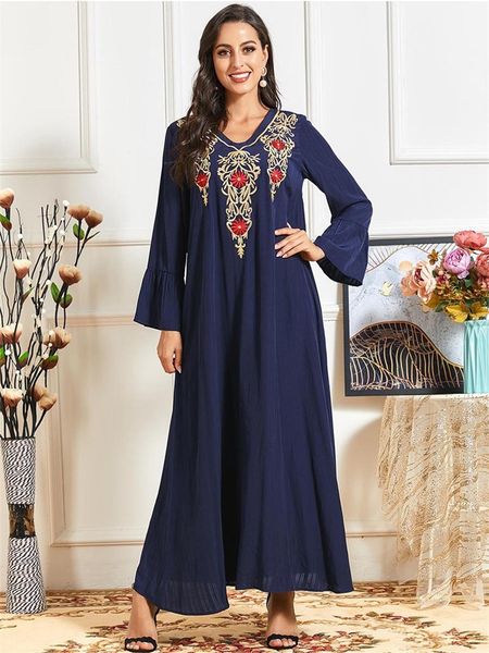 

turkey muslim abaya dress women ethnic embroidered maxi long dress autumn 2021 full sleeve plus size arabic islamic clothing, Red