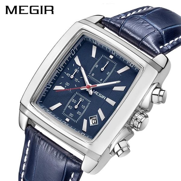 

wristwatches megir 2021 leisure sports fashion square six needles multifunctional waterproof luxury belt chronograph calendar 2028g, Slivery;brown