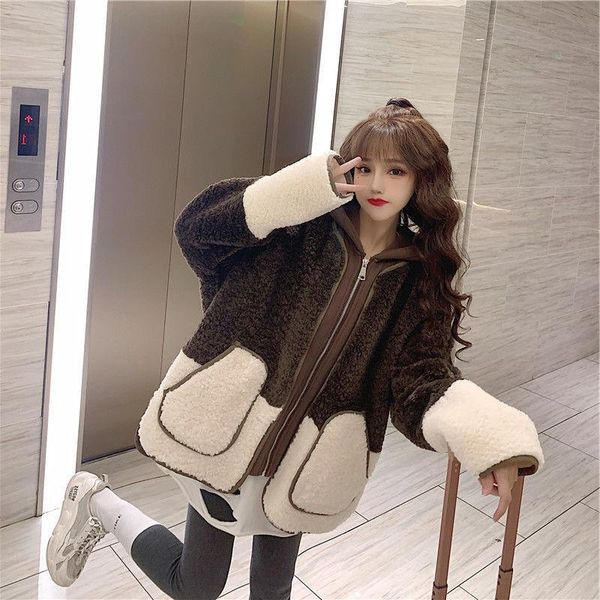

women's fur & faux 2022 autumn winter lamb wool loose hooded jackets women clothing fake two-piece coat d652, Black