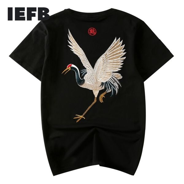 IEFB Summer Couple Wear Chinese Style Crane Embroidery T-shirt Loose Round Neck T-shirts Short Sleeve Tee For Men 210524