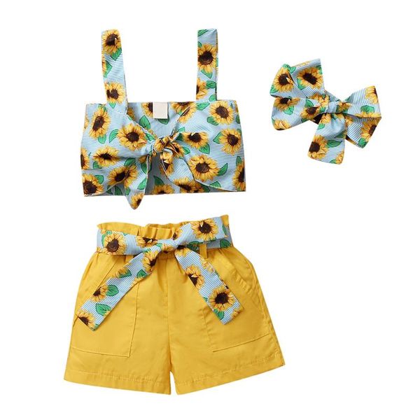 

kids clothes girls setstoddler baby summer bowknot sunflower printed suspender shorts outfits clothing sets, White