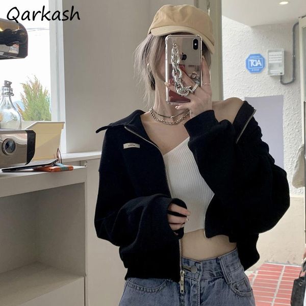 

women's jackets cropped women zipper solid simple turn down collar casual outwear students tender basic ulzzang all-match spring classi, Black;brown