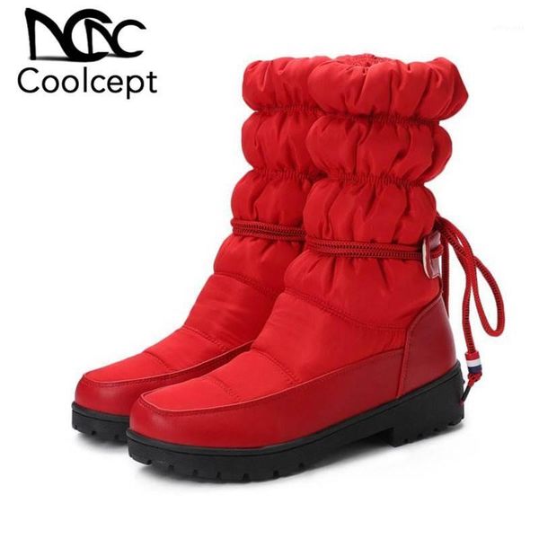 

boots coolcept 2021 women snow thick sole round toe keep warm cross strap daily mid calf footwear size 30-431, Black
