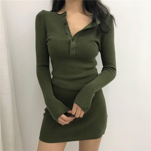 

casual dresses 2021 knitted sweater bodycon winter women autumn v neck long sleeve above midi elastic slim party dress, Black;gray