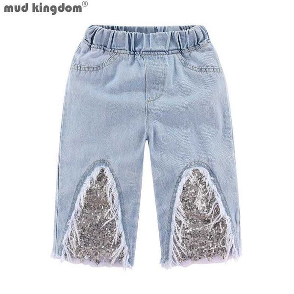 

mudkingdom sparkly sequin girls crop jeans fashion wide leg for girl summer clothes elastic waist toddler cropped denim pants 210615, Blue