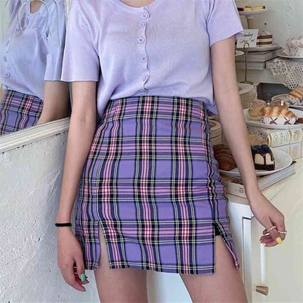 Koreanische farbige karierte Rock Frauen Student Chic kurze Röcke Sexy Miniröcke Frühling Sommer weibliche Röcke mit Gürtel 210412