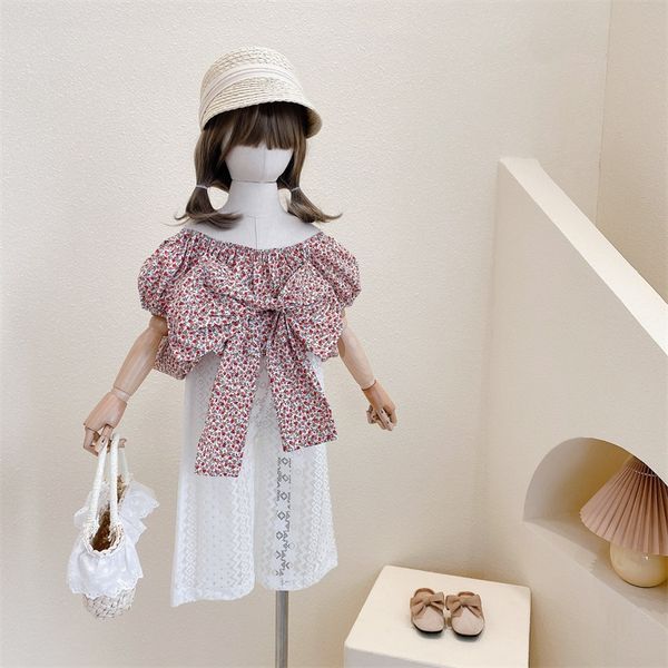 

lovely kids girls big front bow gloral shirts summer fashions puff sleeve 2249 y2, White;black