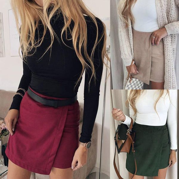 

skirts women bodycon skirt irregular solid colot split warp mini pleated, Black