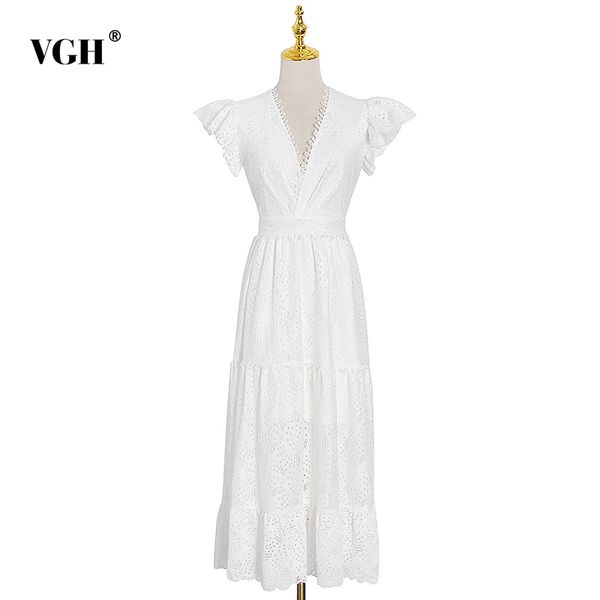 

vgh white dress for women v neck butterfly short sleeve high waist patchwork lace deisgner hollow out dresses female autumn 210421, Black;gray