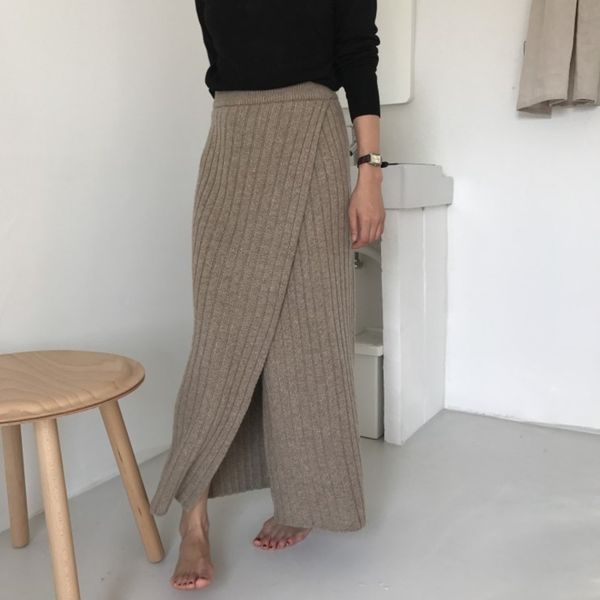 

skirts high waist straight side split ribbed woman knitted vintage elegant solid color warm thick midi autumn winter 2p29, Black