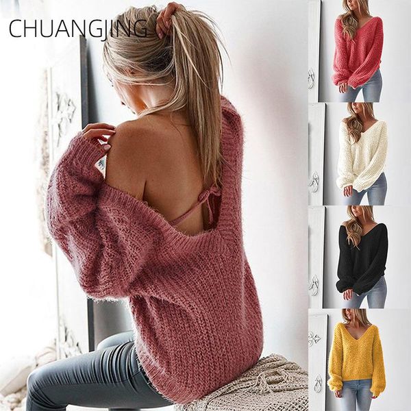 

women's sweaters casual knitted sweater women 2021 cotton v-neck solid loose long sleeve backless winter ladies streetwear, White;black