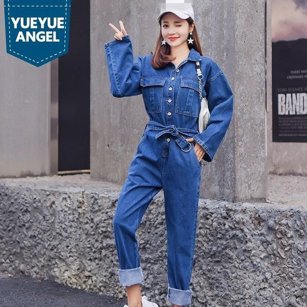 

women's jumpsuits & rompers streetwear denim jumpsuit women long sleeve light blue loose overalls fashion 2021 single breasted vintage, Black;white