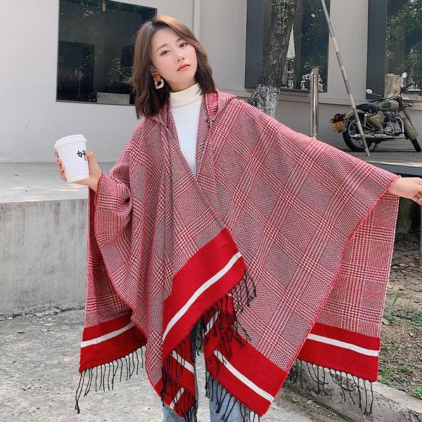 

hats, scarves & gloves sets autumn and winter fashion houndstooth scarf women korean version lengthened thickened desert travel warm tassel, Blue;gray