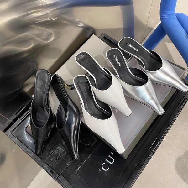 

pointed toe women slippers thin high heels shallow slip on mules shoes pumps fashion elegant sandals slippers shoes 210513, Black