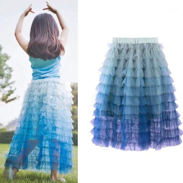 

skirts girls gradual change summer long tutu girl skirt children 4 6 8 10 years kids all-match gauze1, Blue