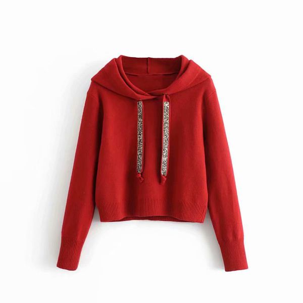 

autumn european style women drilling ribbon female leisure retro hooded retro pullover 210520, Black