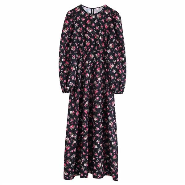 

vintage women floral print dresses fashion ladies o-neck puff sleeve vestidos streetwear female chic midi long dress 210427, Black;gray