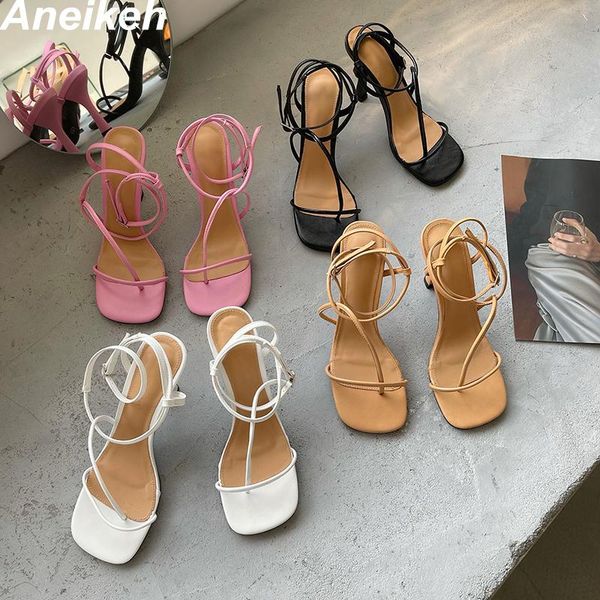 

aneikeh summer shoes for women 2021 stiletto heels pu fashion sandals thong shallow elegant buckle strap riband concise open, Black