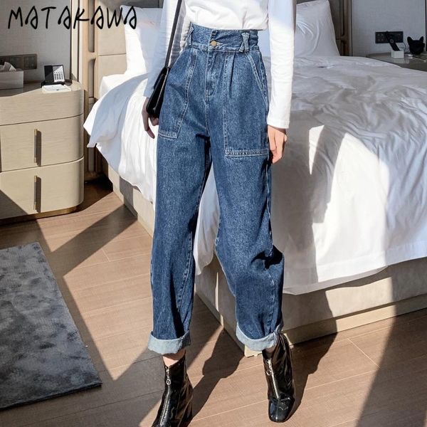 

street style pocket casual loose denim roll-up long pants korean women autumn and winter high waist jeans woman women's, Blue