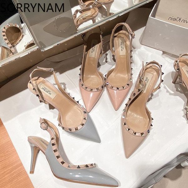 

sandals shoes women pointed toe 10cm high heels pumps slip on office lady feetwear zapatos de mujer v dustbag, Black