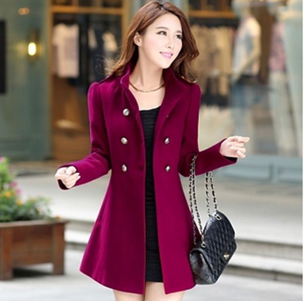 

women's wool & blends office lady turtleneck womens long coats winter double breasted blend coat and jacket slim solid ladies g45q, Black