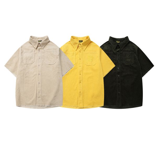 

2021 spring and summer new style meichao smiling face embroidered corduroy casual short sleeve shirt couple, White;black
