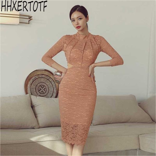 

spring ol lace pencil dress fashion o collar three quarter sleeve temperament backless lace bag hip dress 210531, Black;gray