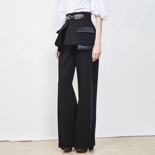 

women's pants & capris european luxury fashion cummerbund leather belt contrast stitching drape straight-leg trousers female business c, Black;white