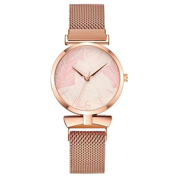 

wristwatches ins simple style women watch milan magnet buckle fashion leaf pattern ladies dress casual quartz wristwatch female clock, Slivery;brown