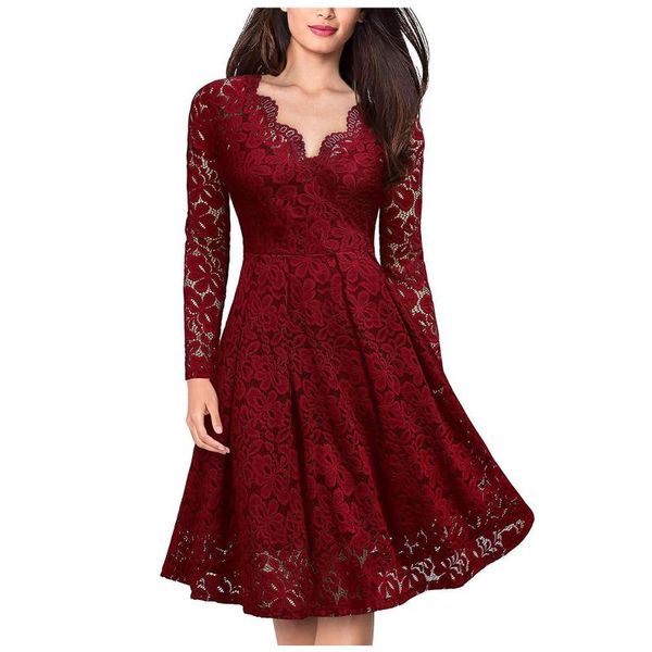 

casual dresses elegant dress for women vintage lace long sleeve v neck solid color high waist midi party gowns 2021 female vestidos, Black;gray