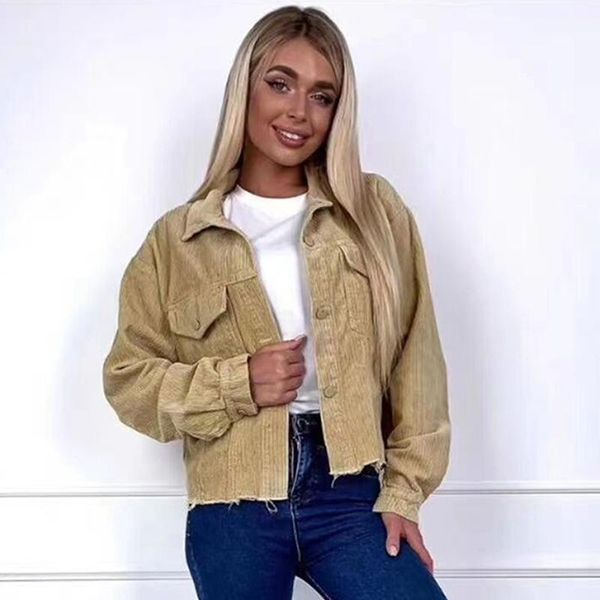 

women's 2021 fall corduroy short jacket lapel long sleeve pocket single breasted loose locomotive coat jackets, Black;brown