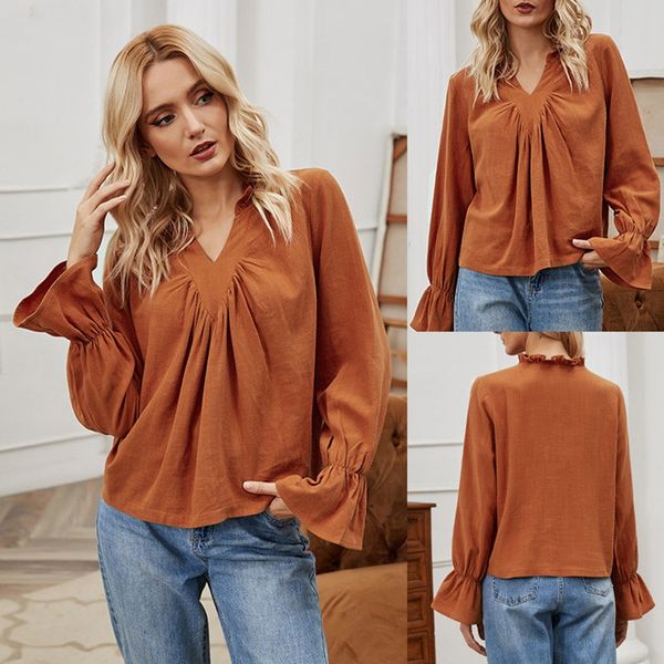

fashion trumpet sleeve women's v-neck t-shirt autumn cotton linen solid color loose long sleeve casual short outer shirt, White