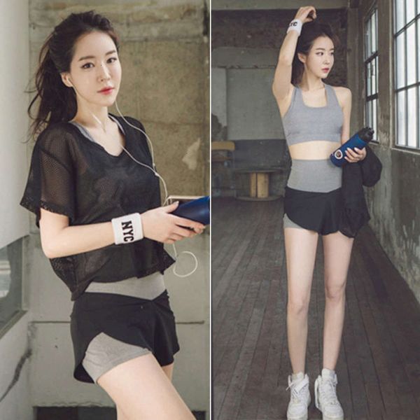 

women's tracksuits tracksuitsred summer gym yoga three piece suit women's korean sports running breathable net shirt short sleeve, Gray