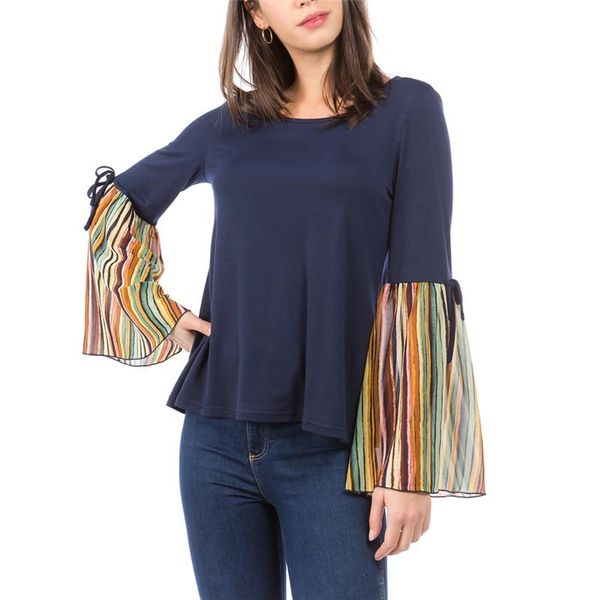 

women's t-shirt autumn spring casual flare sleeve t-shirts with colorful striped patchwork o-neck pullover loose streetwear, White