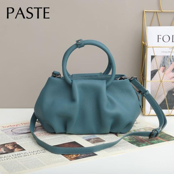 

evening bags 2021 design blue circle handle handbag 100% genuine leather women shoulder bag 29cm classic tote pink #6699
