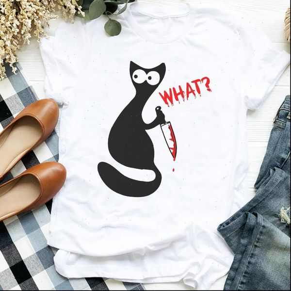 

funny cat cartoon style womens t shirts 90s trend fall halloween print tee female shirt clothes graphic, White