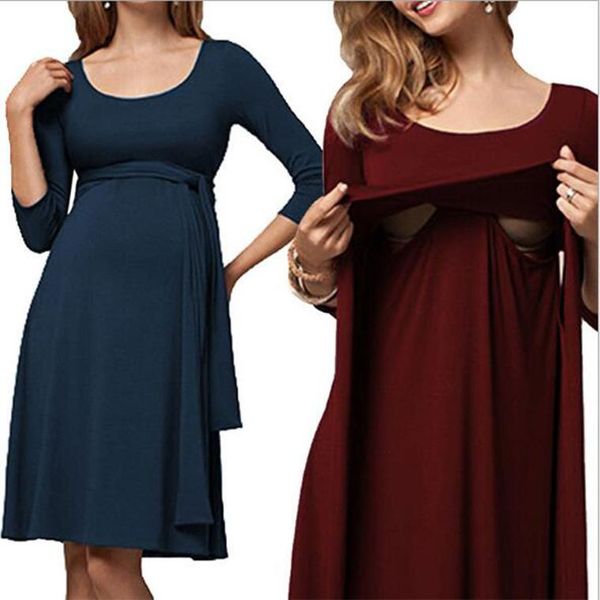 

maternity dresses 2021 pregnant dress plus size a-line full woman o-neck empire gown long belt breastfeeding, White
