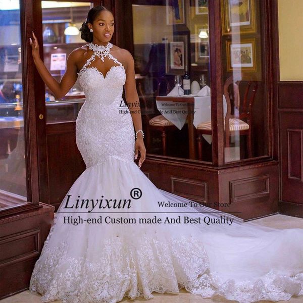 

wedding gowns arabic aso ebi vintage lace beaded sheer neck mermaid bridal dresses custom made, Black